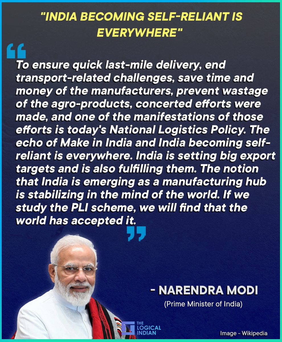 LogicalIndians's tweet image. The National Logistics Policy (NLP) was launched by Prime Minister Narendra Modi on Saturday and aimed to reduce logistics costs from 13-14% to single-digit levels by the year 2020.

#makeinindia #selfreliant #logisticspolicy