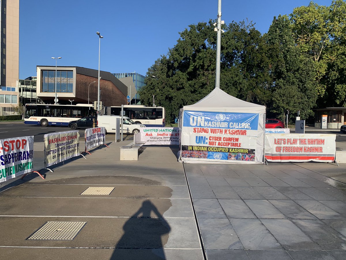 sultan1913's tweet photo. #HRC51 
#KashmirSeeksAttention 
Poster and Banner display outsideUnited Nations Geneva to draw the attention of International community to Indian state sponsored terrorism in IoJak.
@allkashmirforum 
@IjazKhan15598 
@HaqNawa46034987 
@KashmirGenocide 
@KashmirCell https://t.co/XKpA7hhoQn