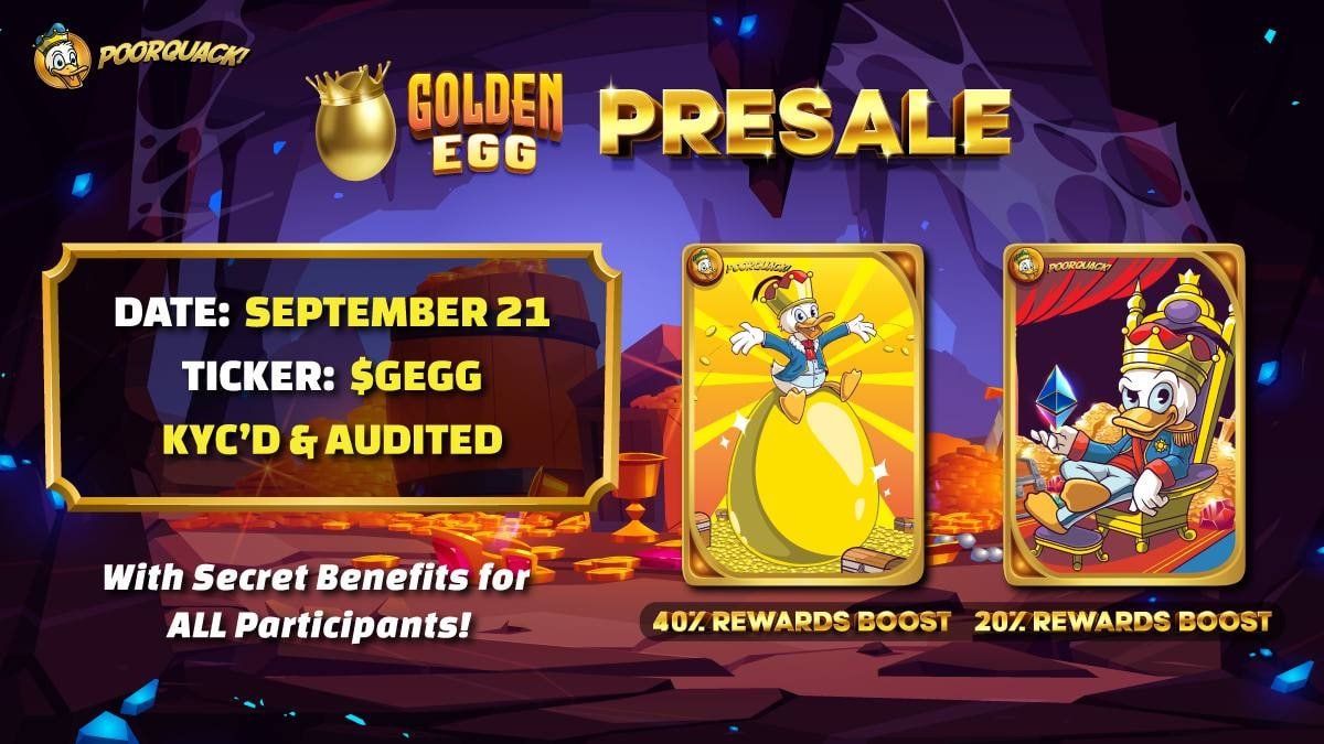 $GEGG <a href="/GoldenEggToken/">GOLDEN•EGG•TOKEN</a> is launching on <a href="/pinkecosystem/">PinkSale (Pink Ecosystem)</a> 🚀

KYCd &amp; Audited 🦺

This is the Next Huge step in the Expansion of the $POOR <a href="/PoorQuack/">Poor Quack</a> Ecosystem 💰

Join their Vision: t.me/GoldenEggGEGG 🪙

Join my Private Group only via DM 😉

#BSC #ETH #NFTs #NFTcollections