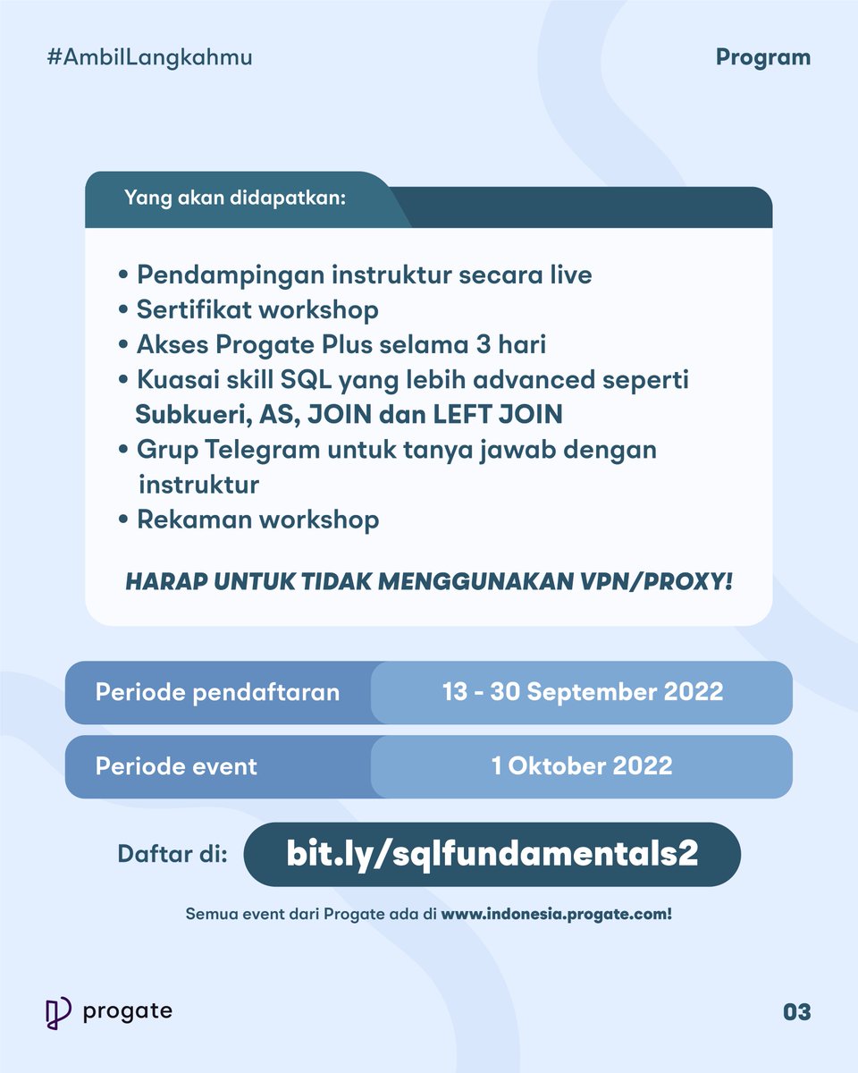 readysetcodeid's tweet image. Mau jadi pegawai yang sangat berharga? Harus bisa analisa data. Mulai dengan SQL, hanya 20rb, didampingin Instruktur langsung secara live. Khusus untuk pemula
Yuk daftar workshop 1 hari SQL di sini: bit.ly/sqlfundamental…
#sql #sqlworkshop #belajarsql #belajarcoding
