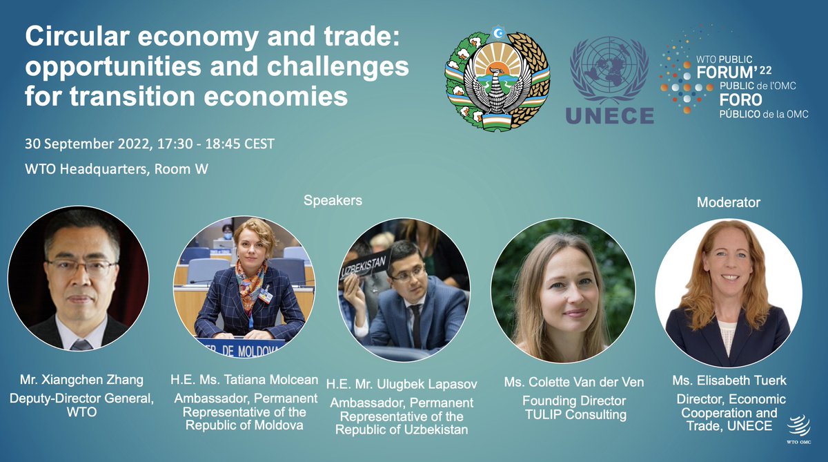 ElisabethTuerk's tweet image. Interested in #circulareconomy and trade? Join @UNECE and @uzbekistanun session at 2022 #WTOPublicForum

💡Circular economy and trade: opportunities and challenges for transition economies
📅 Save the date: 30 September, at 17.30-18.45 CEST
🖊️Registr bit.ly/3QNPqcH

@wto