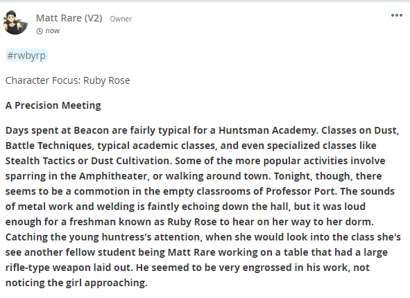 MattRareRWBY's tweet photo. RP Plot #2
Character Focus: Ruby Rose
Timeframe: a random night during the first week at Beacon.
#RWBYRP
#RareWritings
#OCRP
//Art 1 I can't find an artist source outside of Pinterest reposts
Art 2 and 3 by mojojoj27827860 // https://t.co/Oc6O1nsBuM
