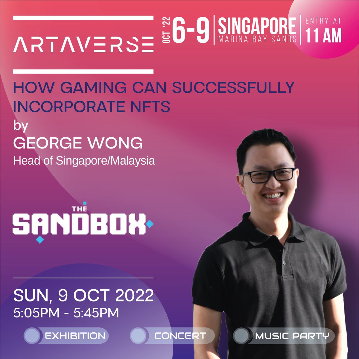 ARTAVERSE (@artaverseasia) on Twitter photo The Sandbox is a community-driven platform where creators can monetize voxel ASSETS and gaming experiences on the blockchain.
We're proud to announce that George Wong of <a href="/TheSandboxGame/">The Sandbox</a>, will be joining us for our seminar! The Sandbox is a community-driven platform where creators can monetize voxel ASSETS and gaming experiences on the blockchain.
We're proud to announce that George Wong of <a href="/TheSandboxGame/">The Sandbox</a>, will be joining us for our seminar!