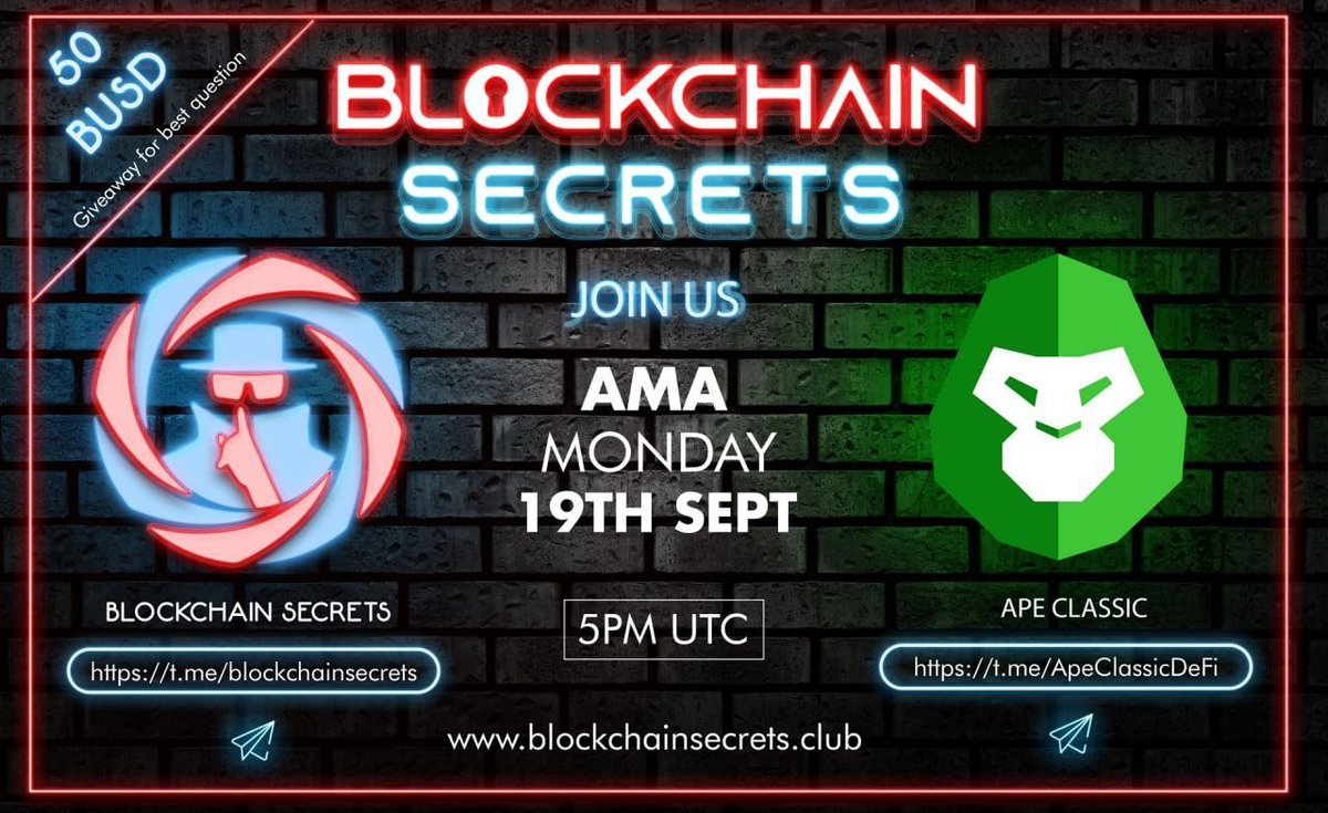 BlockSecrets21's tweet photo. �� Today at 5 PM UTC  @BlockSecrets21 will have an ama with @ApeClassicDeFi  in the main Telegram channel: https://t.co/uvwXbUtdAK
You can ask questions on this post, on telegram post or in VC.
There will be a 50 BUSD giveaway for the best question.

#Apeclassic #Cryptos #Crypto https://t.co/FV9UKVKTEh