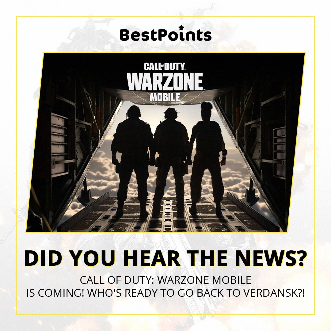 bestpointscd's tweet photo. Did you hear the news? 🔊 Call of Duty: Warzone Mobile is coming! Who's ready to go back to Verdansk?! ✈️

#bestpoints #cod #CallOfDuty #gaming #game #giftcards #BestPointsApps https://t.co/8N1klZDa24
