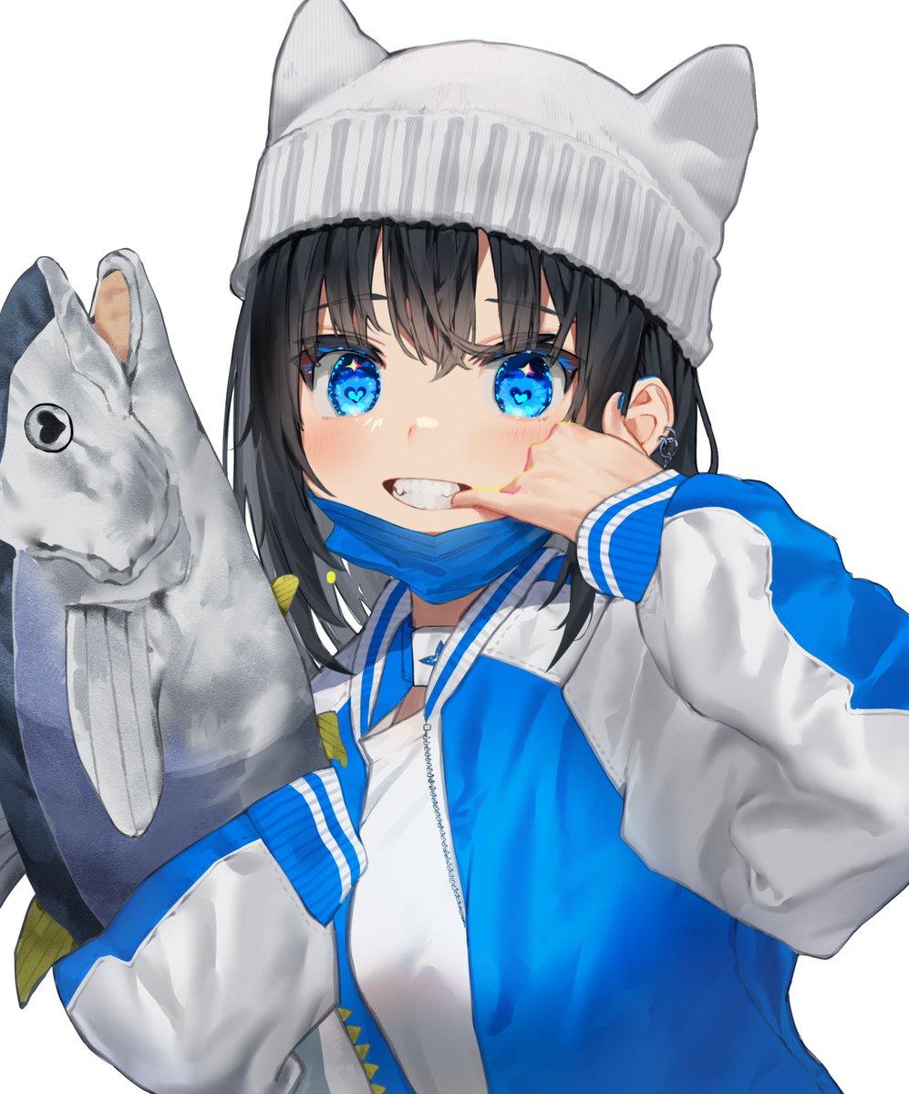 1girl blue eyes fish black hair solo jacket hat  illustration images