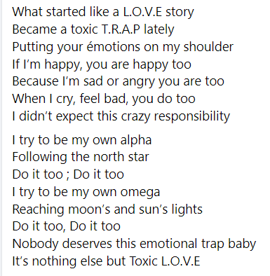KhadyMany's tweet photo. Here is it! I hope you like it!
" Toxic L.O.V.E" written by #KhadyMany
1/3
#DearLifeProject https://t.co/LdZma4dtZ3