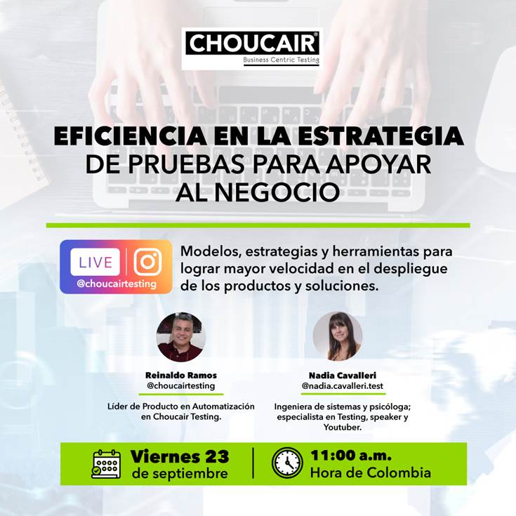 Nadia Cavalleri (@nadiacavalleri) on Twitter photo Este viernes 23/9 voy a estar hablando en vivo por Instagram con Reinaldo Ramos sobre automatización y estrategia de pruebas.
Muchas gracias <a href="/TestingChoucair/">Choucair Testing</a> por invitarme a tener esta conversación.
Nos vemos a las 11 am Colombia - 1 pm Argentina por instagram.com/nadia.cavaller… Este viernes 23/9 voy a estar hablando en vivo por Instagram con Reinaldo Ramos sobre automatización y estrategia de pruebas.
Muchas gracias <a href="/TestingChoucair/">Choucair Testing</a> por invitarme a tener esta conversación.
Nos vemos a las 11 am Colombia - 1 pm Argentina por instagram.com/nadia.cavaller…