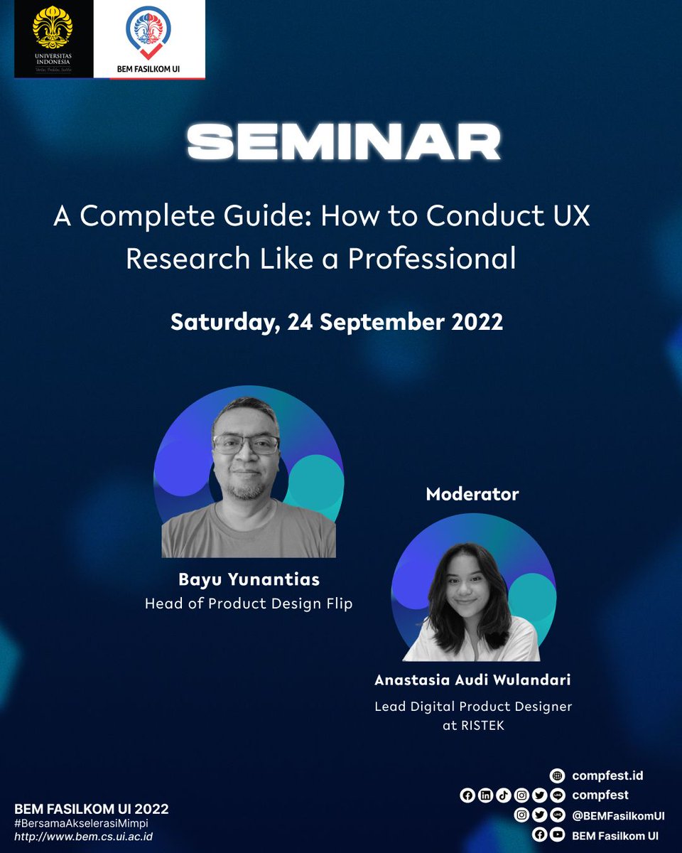 bayuamus's tweet photo. Tanggal 24 Sept 2022 saya akan membawakan seminar mengenai UX Research di acara #COMPFEST nya #UniversitasIndonesia, details di sini ya: https://t.co/d7JaJphuI6 https://t.co/umimh7WEiA