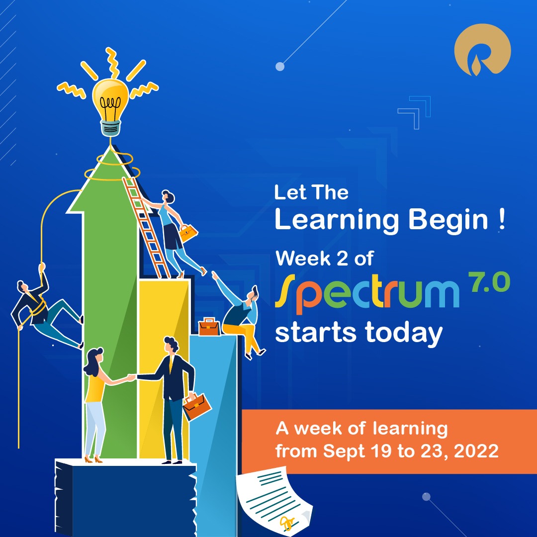 RILCampus's tweet photo. The most awaited week of Spectrum 7.0 that focuses on Learning &amp; Development with Leadership Talks, Sessions, Experiential Learning &amp; many more exciting activities begins today!
Stay tuned…

#Spectrum2022 #Upskill #Upgrade #Uplift #RILwayoflife #learningatRIL #GrowthisLife https://t.co/LRnQw7CEGR