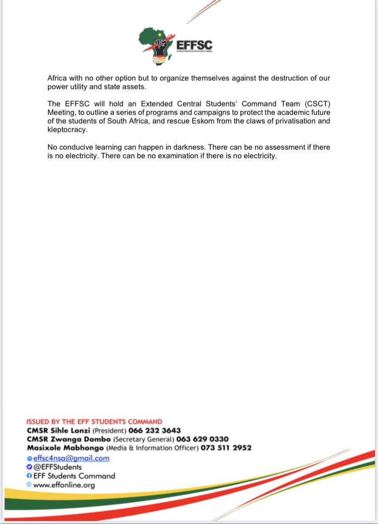 EFFYouthCommand's tweet photo. ♦️FOR IMMEDIATE RELEASE♦️

EFFSC STATEMENT ON LOAD-SHEDDING

Monday, 19 September 2022 

#Stage6 
#NoElectricityNoExamination https://t.co/sMNOUktGFA