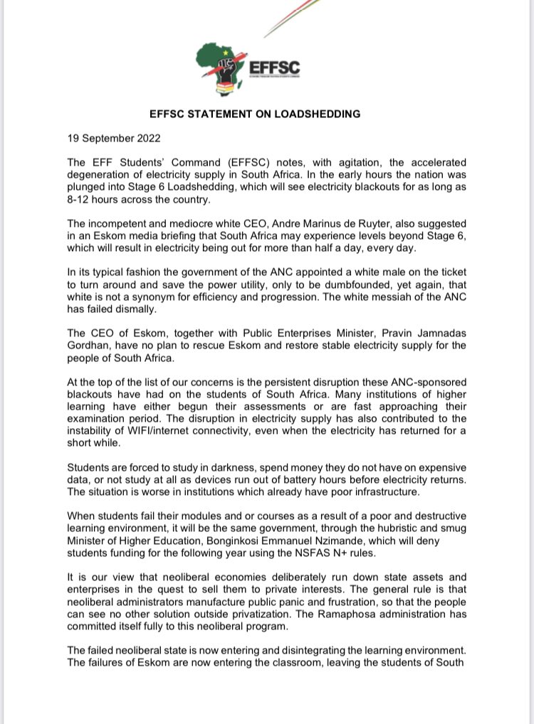 EFFYouthCommand's tweet photo. ♦️FOR IMMEDIATE RELEASE♦️

EFFSC STATEMENT ON LOAD-SHEDDING

Monday, 19 September 2022 

#Stage6 
#NoElectricityNoExamination https://t.co/sMNOUktGFA