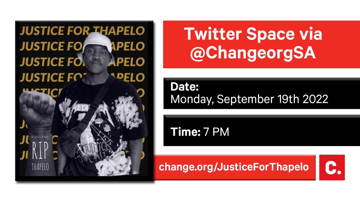 ChangeorgSA's tweet photo. South Africans: Please join us today from 7pm for a discussion on student safety on our university campuses as we continue to demand #JusticeForThapelo https://t.co/7vfVYhzypF