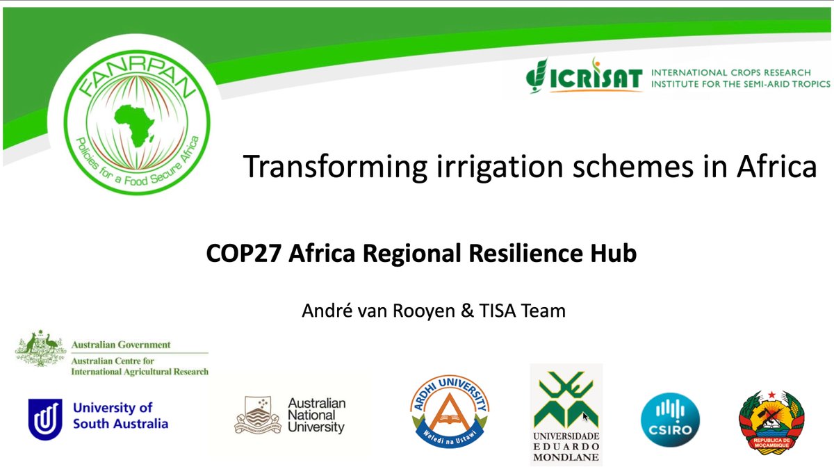 FANRPAN's tweet photo. Summary of our project on Transforming #Irrigation Schemes in Africa, presented by Dr Andre van Rooyen, @ICRISAT #TISAProject.
A thread 🧵
#FANRPAN #COPResilienceHub https://t.co/wr5rwkoA3U