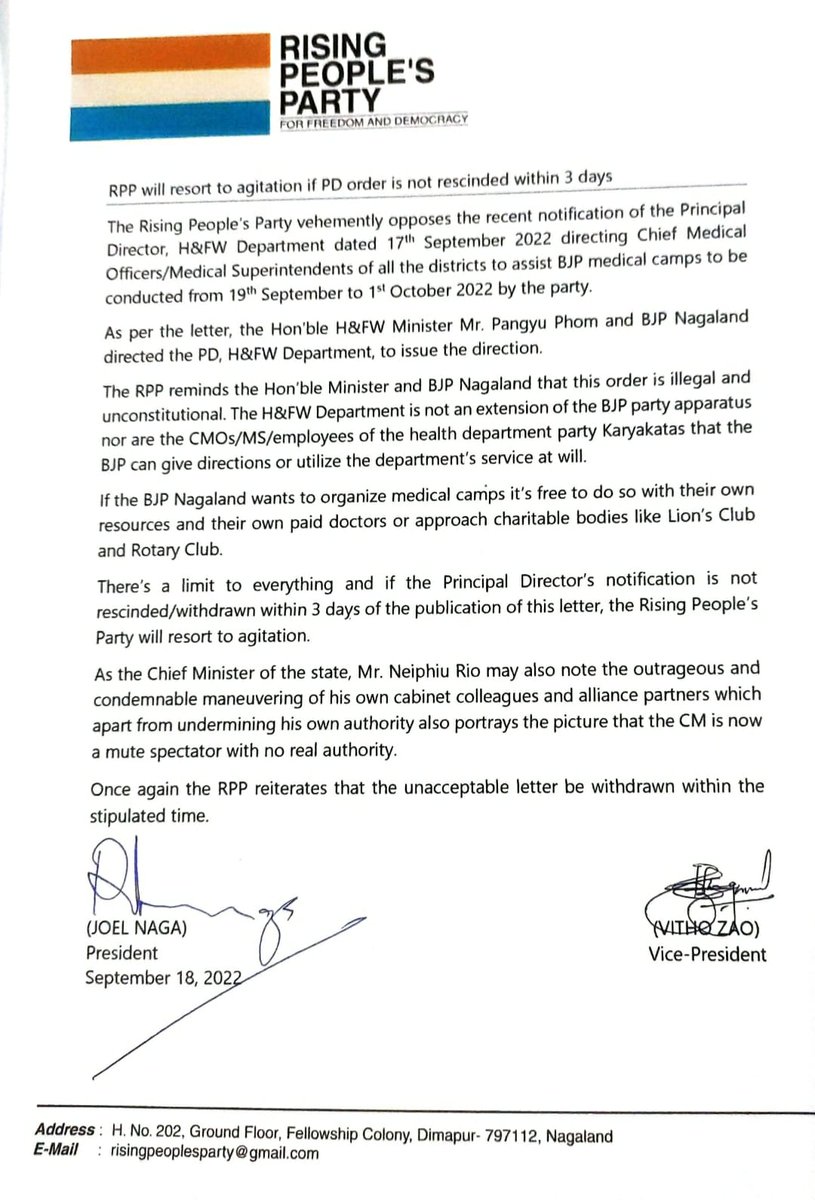 RPP_Nagaland's tweet photo. Hon'ble Health Minister @pangnyu .... Political parties @BJP4Nagaland should not misuse government machineries (read department) for political mileage 

We also expect the Hon'ble CM @Neiphiu_Rio to intervene ...
@Hokatoawomi @simon_kelio @NLTV @sangbarooahpish @AnganaCk https://t.co/L3c2H4RIGj