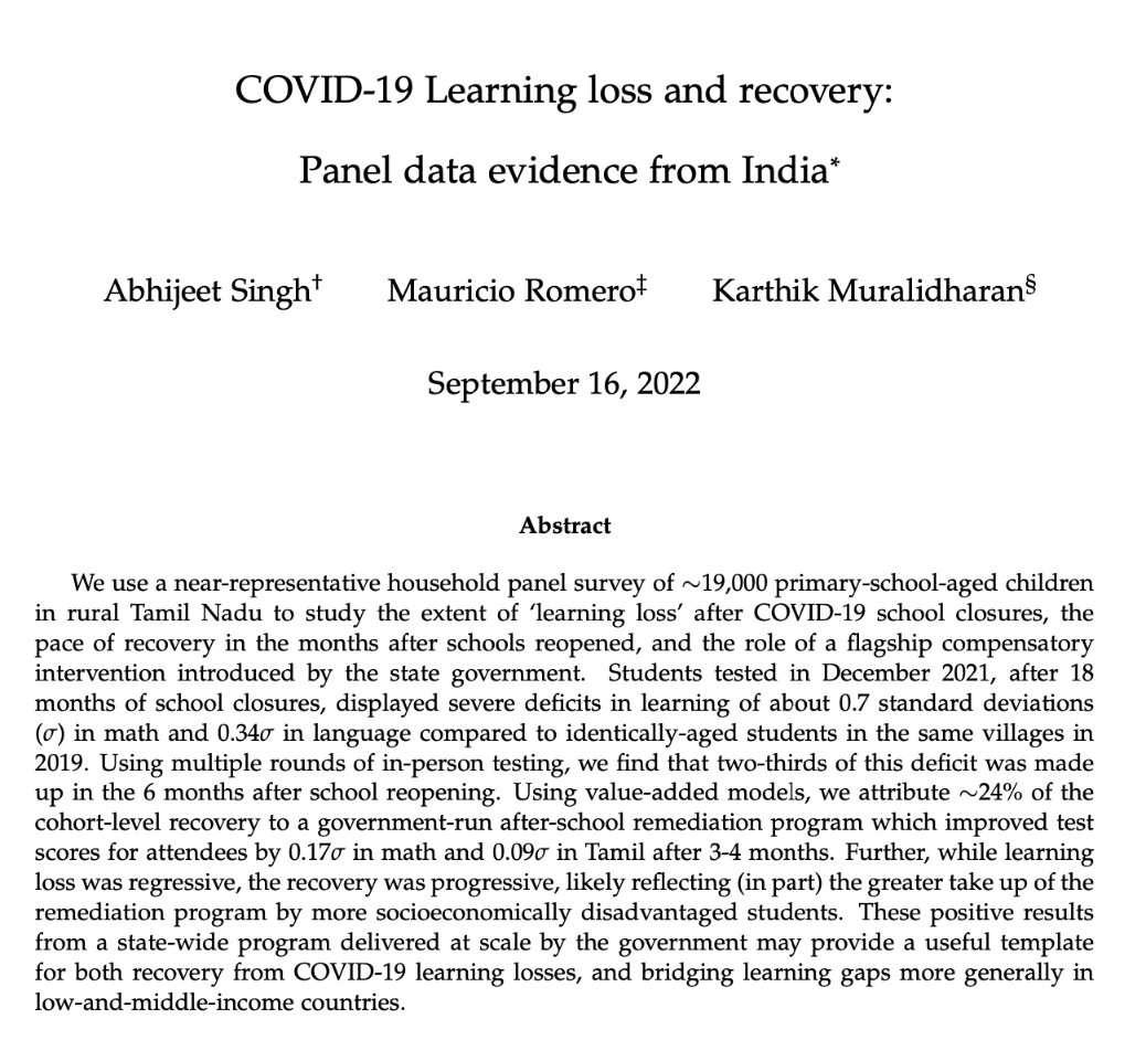 Covid-19 disrupted education around the world, with more extended school closures in LMICs In a new paper with @singhabhi & @marome1, we present evidence on learning loss, recovery, and impacts of remediation in the Indian state of Tamil Nadu riseprogramme.org/publications/c… 1/11