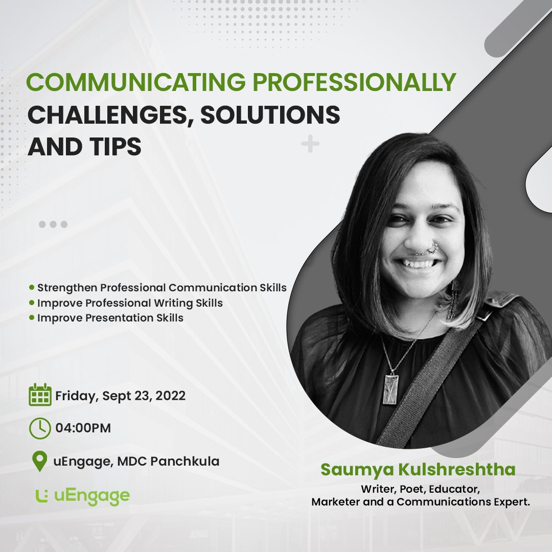 uengagein's tweet photo. Let’s Strengthen Professional Communication, Writing & Presentation Skills with Saumya Kulshreshtha - a Communications Expert, Writer, Poet, Educator & Marketer this coming Friday!
#Uengage #communicationskills #writing #presentation #skills https://t.co/rNbcBm25Xs
