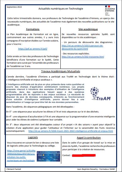 Techno_Amiens's tweet photo. La première Lettre Numérique pour la #Technologie de @AcAmiens est en ligne. Elle recense les actualités académiques pour la Technologie au collège. @eduscol_techno @Edu_Num

Bonne lecture! 

https://t.co/pFaR6xdtjn https://t.co/sHhdiKfpgr