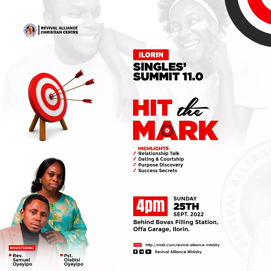 Raccmedia's tweet photo. It is happening this Sunday, 25th of September, 2022 by 4PM
@RACC, Behind Filling Station Offa-Garage, Ilorin

Come receive life-transforming relationship tips and wisdom for life while mingling with like-minded Singles like you.

#Christian #singlesummit #ChampionsLeague #Greece https://t.co/fTTpk1Nz6Y