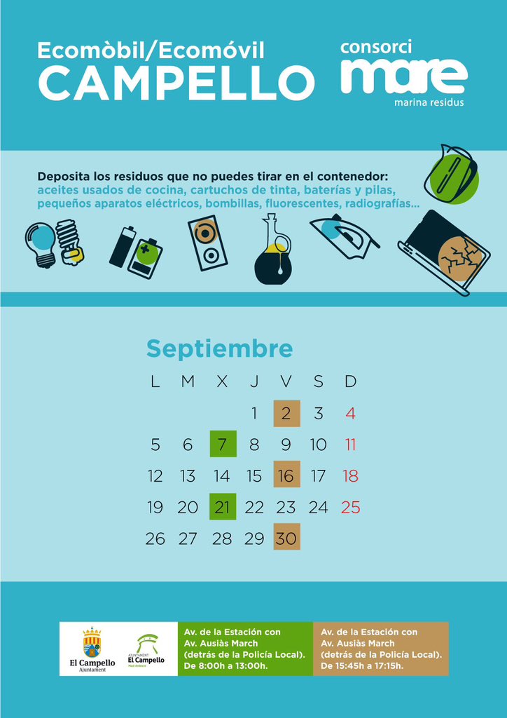 🚛♻️ Si te preocupa el medio ambiente, ¡utiliza el ecomóvil! 

📆 Miércoles 21
📍 Av. de la Estación con Av. Ausiàs March (detrás de la Policía Local)
⏰ De 8.00 a 13.00 h

📆 Viernes 30
📍 Av. de la Estación con Av. Ausiàs March (detrás de la Policía Local)
⏰ De 15.45 a 17.15h