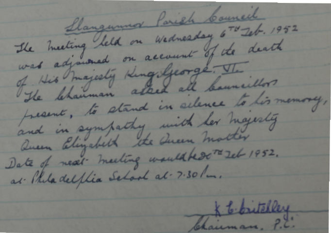 LlangunnorNet's tweet photo. The then Llangunnor Parish Council, marking the death of King George VI and adjourning the meeting. His death saw the start of the reign of Queen Elizabeth II

#Llangunnor https://t.co/8QEMaF8rbL