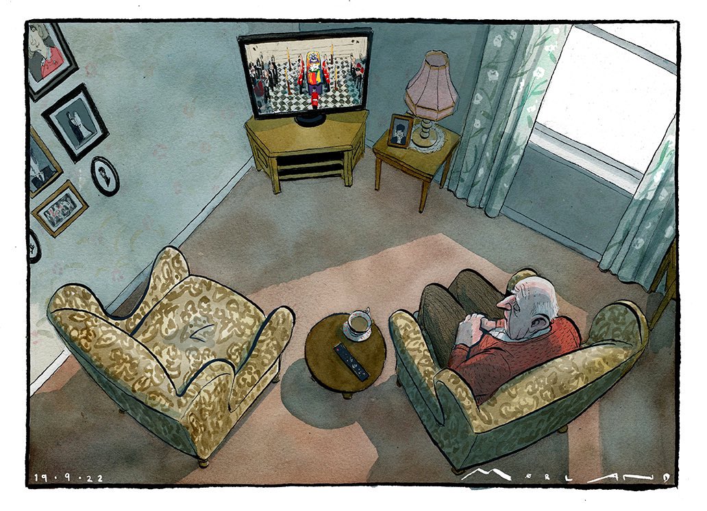 HawksmoorTweets's tweet photo. Poignant cartoon by @mortenmorland. On this day of national mourning for HM The Queen, check in on the people who may grieve twice today, who’ve lost those they love, who might be alone. She was a symbol of a nation, but also of someone or something personal to many, esp today. https://t.co/FIEL3jTsxg