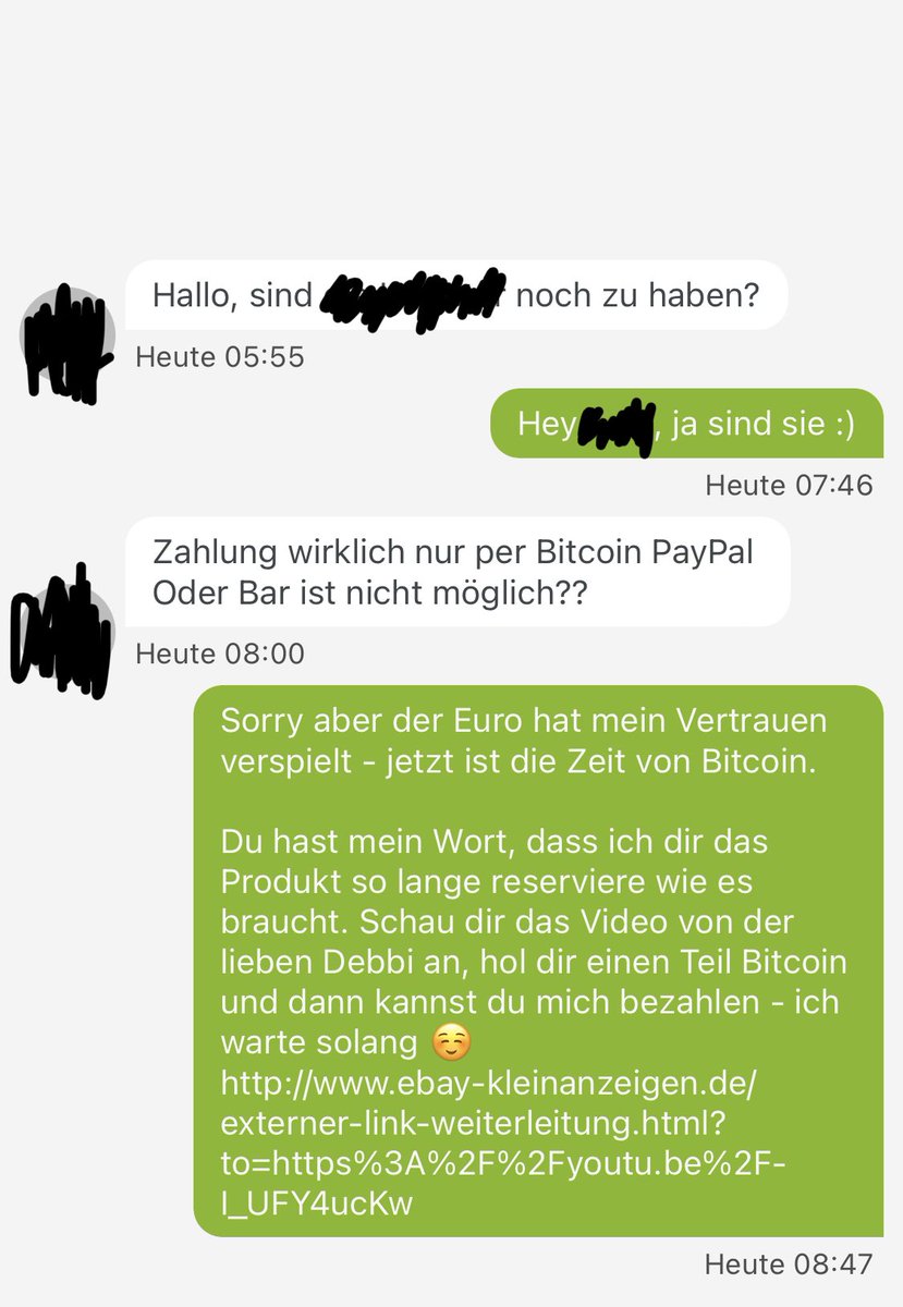 OrangeRelation's tweet photo. Ein ganz normaler Morgen in eBay-Kleinanzeigen 😊 #Bitcoin https://t.co/u1Yo2yw01x
