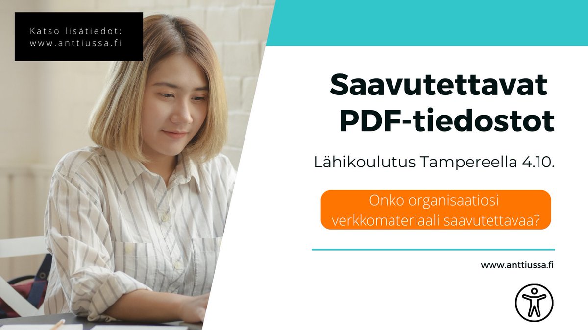 verkkokoulu's tweet photo. Saavutettavat PDF-julkaisut lähikoulutus Tampereella 4.10. Lisätiedot: https://t.co/5or8F1i1YS https://t.co/d4Se4cHDe6