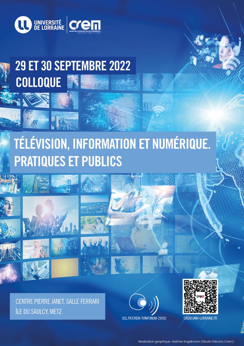 #ÉVÉNEMENT #COLLOQUE 🙌 | Télévision, information et numérique. Pratiques et publics 📺

2⃣9⃣ et 3⃣0⃣ septembre 2022
Salle Ferrari, Île du Saulcy, Metz, 

<a href="/Univ_Lorraine/">Lorraine</a>

#information #télévision #numérique #public
 
Informations et programme 👇
crem.univ-lorraine.fr/recherche/even…