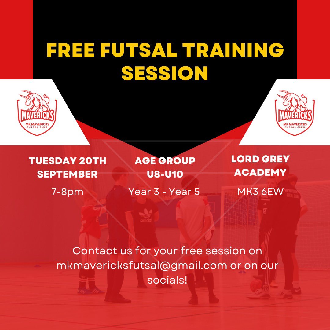 🚨 FREE FUTSAL SESSION 🚨

Get involved for a free Mavericks futsal session tomorrow evening! 

For any more details or to enquire about booking don’t hesitate to get in touch at mkmavericksfutsal@gmail.com or through our socials 🌟

#mavericks #mkfutsal #futsaltraining