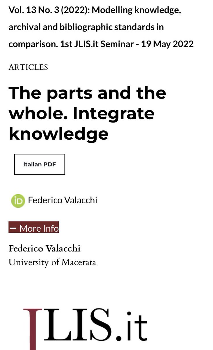 📍Federico Valacchi <a href="/UniMC/">Università di Macerata</a> ➰ The parts and the whole. Integrate knowledge 📂 V.13, n.3 2022 JLIS.it jlis.it/index.php/jlis…
