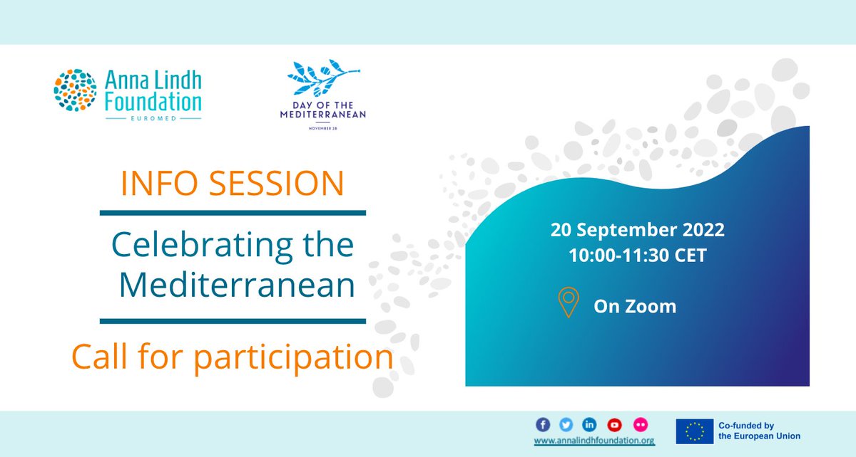 AnnaLindh's tweet photo. 📢Are you ready to celebrate the Mediterranean and its diversity at the community level?
Join the online info-session of the #AnnaLindhFoundation's Call “Celebrating the Mediterranean”.
📅Tuesday, September the 20th from 10.00 to 11.30 CET
Register here: https://t.co/MHPk1lbg65 https://t.co/eDANHGEHNy
