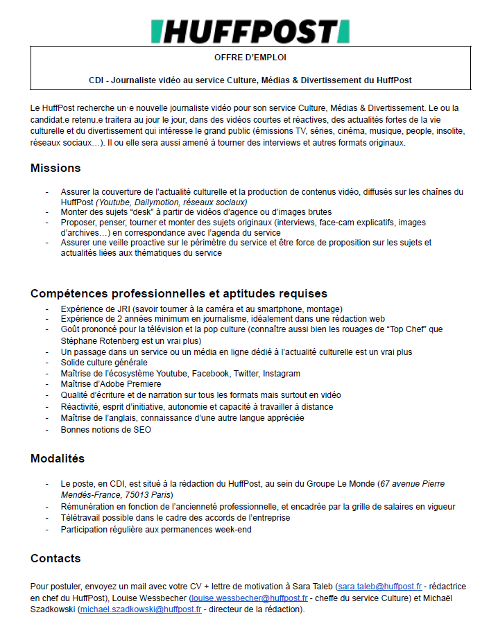 LouiseWSB's tweet photo. Lundi job : je recrute un journaliste vidéo en CDI pour le service Culture, médias et div du @LeHuffPost 

Le 3e tiret des "compétences professionnelles requises" est évidemment très important à mes yeux 👀 https://t.co/Vmard8q3kY