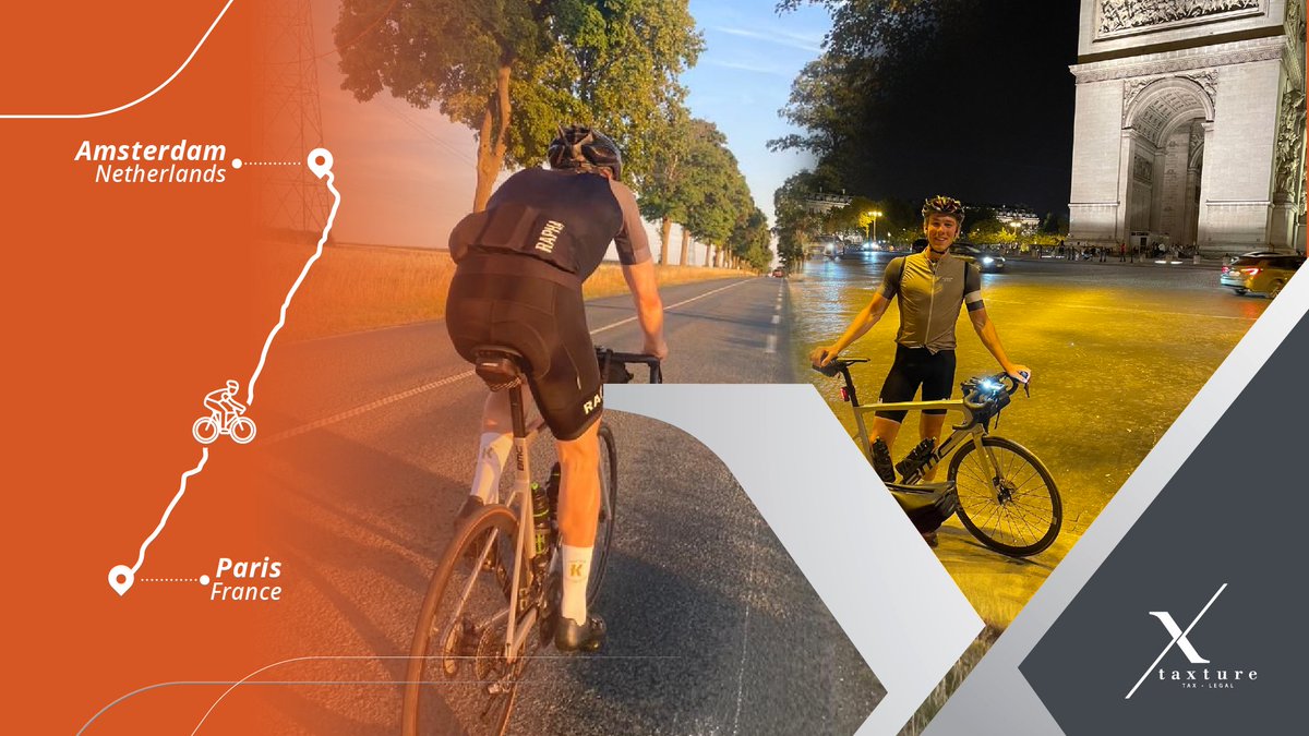 TaxtureGlobal's tweet photo. On Saturday 27 August 2022, our colleague Pepijn Kosters left at 03:21 in the night with his destination Paris.
484 kilometers and 15.5 cycling hours later, the final destination was in sight: the Arc de Triomphe!
#roadtrip #cycling #healthylife #healthybusiness #Taxture https://t.co/SPWb75LtWb