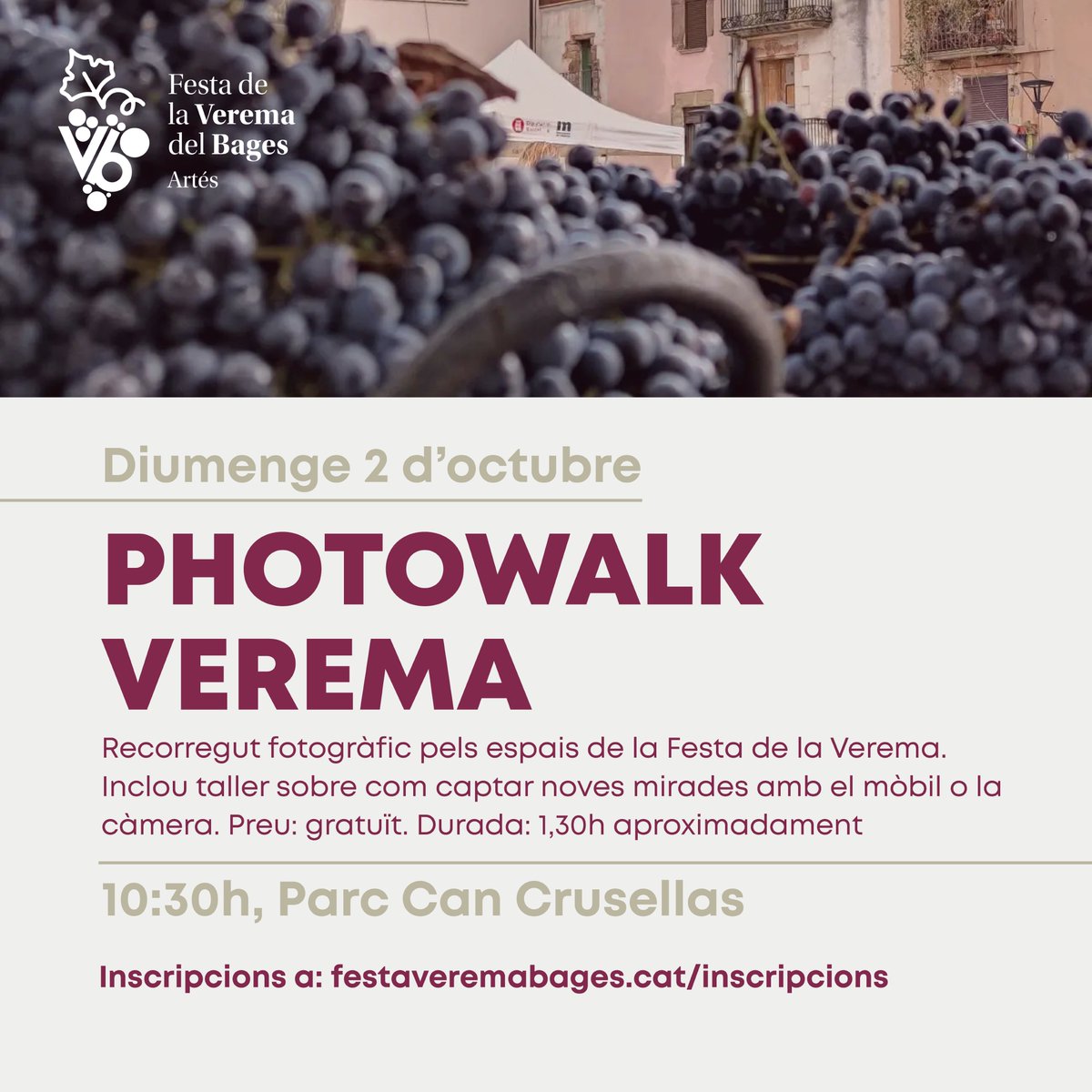 T'agrada la fotografia? 📸👣 Apunta't al Photowalk de la Festa de la Verema

I recorda! Si fas fotos durant la festa, etiqueta-les amb #VeremaBages22 😍 Entraràs al sorteig d’una experiència enoturística

🎫👉🏾 festaveremabages.cat

<a href="/AjuntamentArtes/">Ajuntament d'Artés</a> <a href="/dopladebages/">DO Pla de Bages</a>