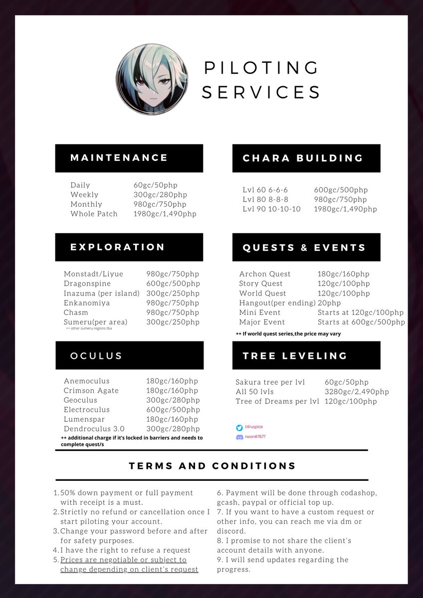 t4ruspice's tweet photo. Hello! I’m Rae and here’s my updated price list. Feel free to message me if you have any request. More threads in the comment section as well ✨

#genshintwt #genshinpilot #raewonpiloting https://t.co/CUpG2KCAyd