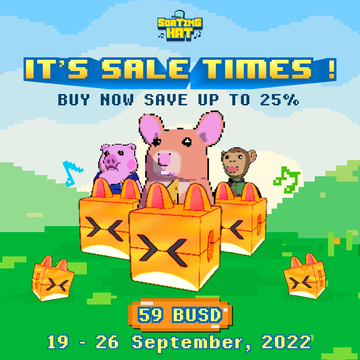 Sortinghatgame's tweet image. OUR PASK SALE WILL BE AVAILABLE IN 3 hrs  !! 🥳 ✨ 
Buy Now Save Up To 25% 💕 

⏰ At 12:00 PM (UTC) for Pre-Sale: 500 NFT Boxes for &quot;Spacial Price 29 BUSD  per NFT.
⏰ At 2:00 PM (UTC) for Public Sale: 5,000 NFT Boxes for 59 BUSD per NFT.

PACK SALE LINK: packsale.sortinghat.game