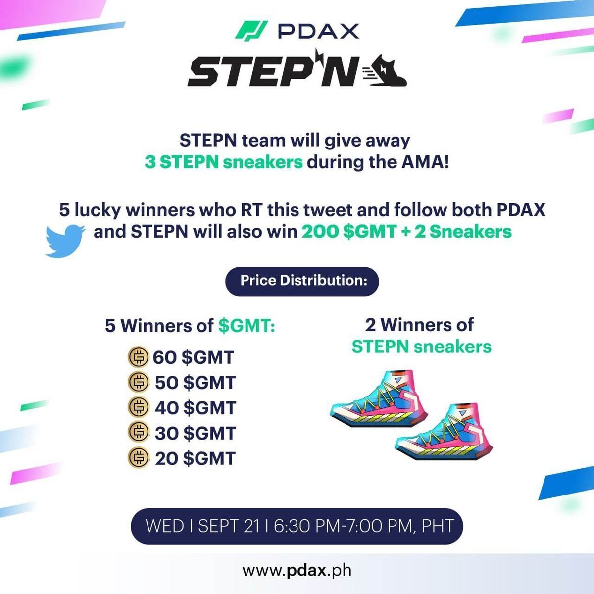 STEPN x PDAX is here!

Two STEPN sneakers and 200 GMT are up for grabs! To enter, simply retweet this post and follow STEPN and PDAX official Twitter accounts.

Seven lucky winners will be announced on Friday, September 23, 2022, 6pm

#STEPNxPDAX #ChoosePDAX