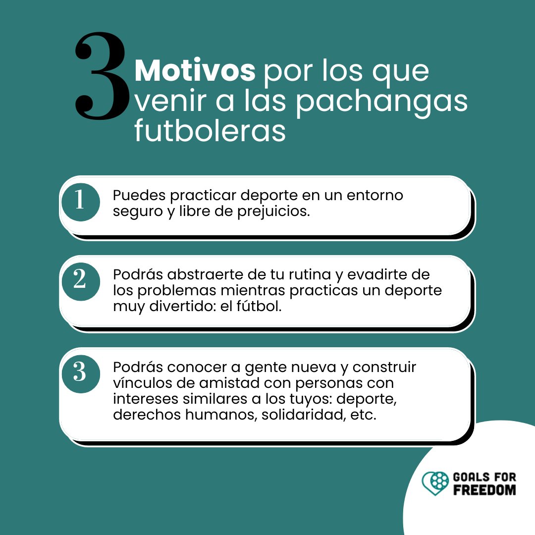 goalsforfreedom's tweet photo. ¡Empieza una nueva semana de pachangas en #GoalsForFreedom! 🔝 Si aún te estás pensando acudir, aquí te dejamos tres motivos que te pueden animar a venir. 👆

¡Te esperamos hoy mismo a las 16:30 h en el tramo III del río! 😉

#CambiarElMundo #Igualdad #Deporte https://t.co/C3ebVVfZGI