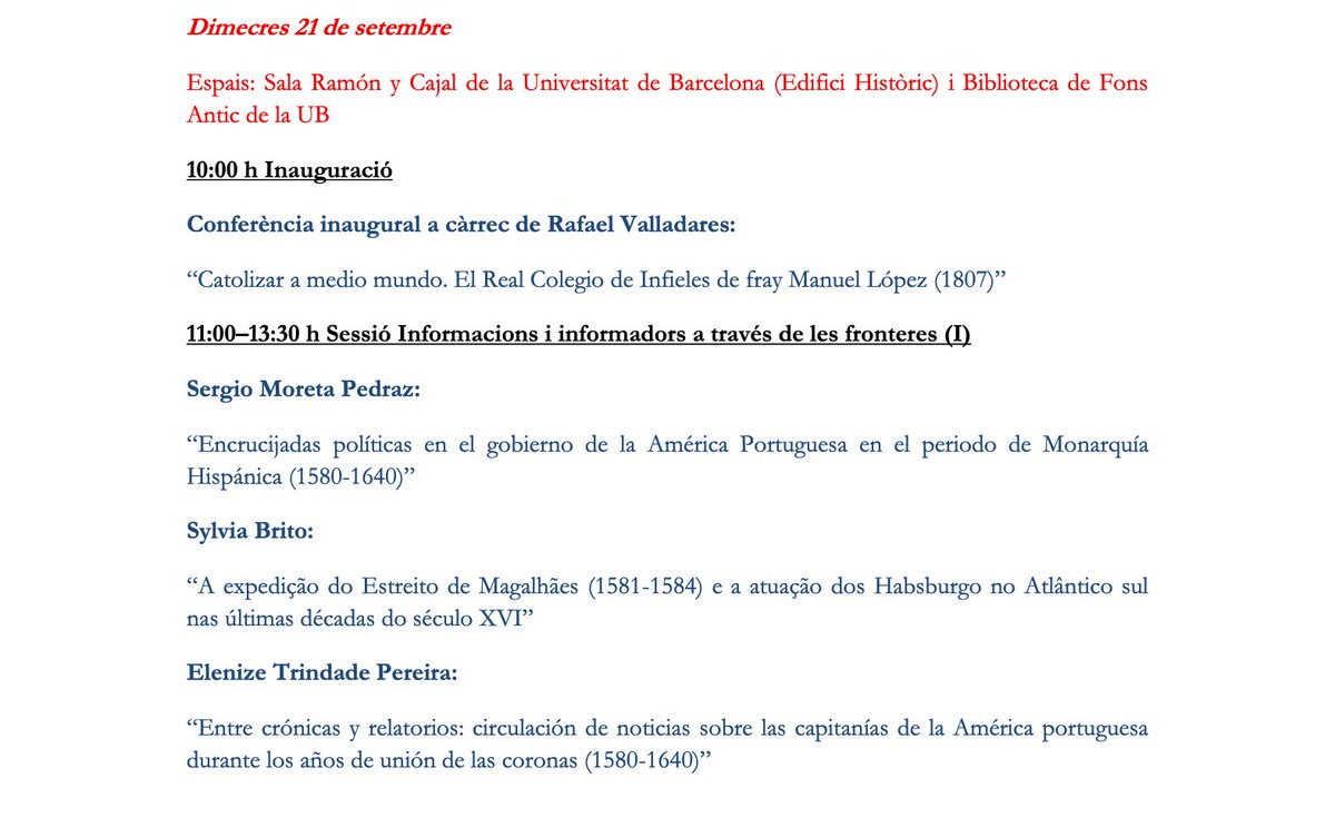 brasilhis's tweet image. El primer día, 21 de septiembre, a la conferencia inaugural de R. Valladares le seguirán dos mesas divididas en tres sesiones, dedicadas a &quot;Información e informantes a través de las fronteras&quot; y &quot;Circulación de libros e ideas&quot;