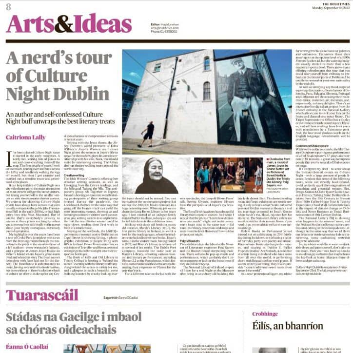 CultureNightDub's tweet photo. A Nerd's Tour Of Culture Night Dublin:

Thanks so much to The @IrishTimes and @CaitrionaLally for her guide to some of the wonderful literary treats to enjoy at Culture Night Dublin on Friday 23 September 📖

Browse our full programme of FREE events at https://t.co/bSbZfrRd6J https://t.co/WiaXeFDnrU