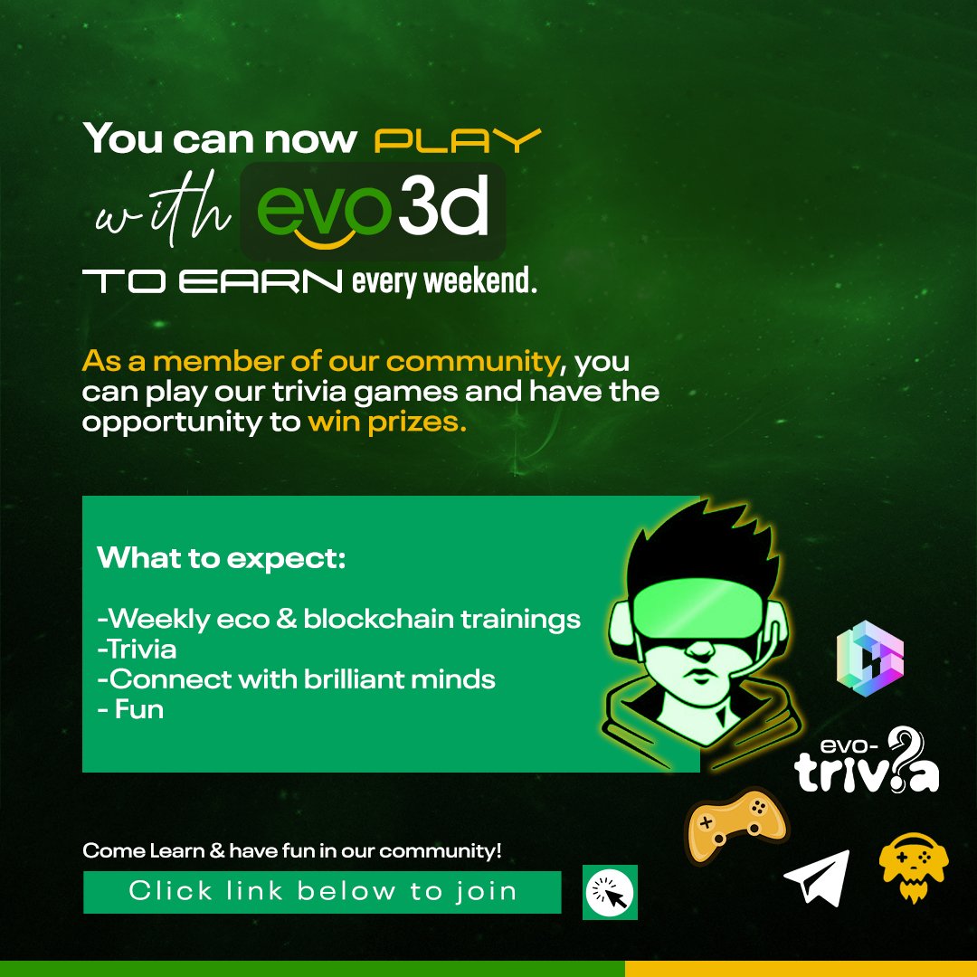 evo3dng's tweet photo. Yaay💃.... Our play to earn game (P2E) is starting today and you can't afford to miss this whole package we've got just for you. Join the community here 👉 https://t.co/VsiERwQo87 and you're just a step closer to playing and earning every week.

#evo3d
#P2E
#Sustainability https://t.co/SUoQTunkBe