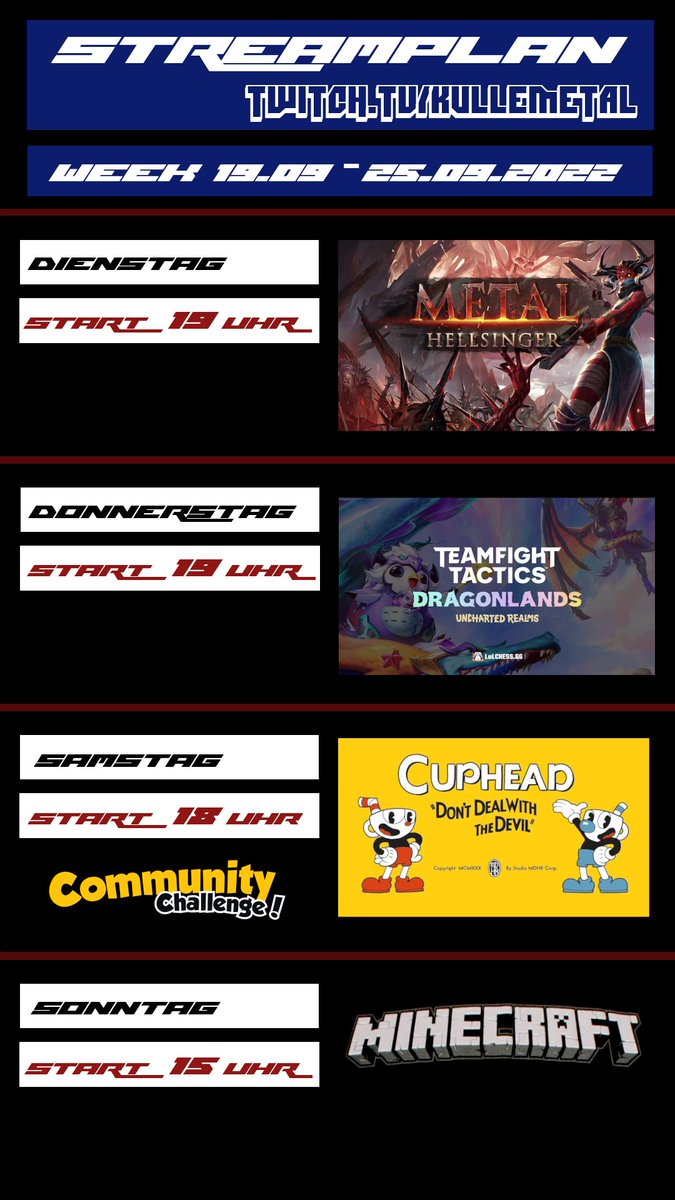 KulleMetal's tweet photo. Hellö!
Dein Streamplan für die Woche plus heute noch ein Nachholstream #Minecraft 🤫
Wird ne geile Woche! Einschalten 💜🔥
#metalhellsinger #CupHead #TFT
#twichpush #twitch #twitchde #germanmediart #kullemetal #emsland https://t.co/Bd5j37xkYl