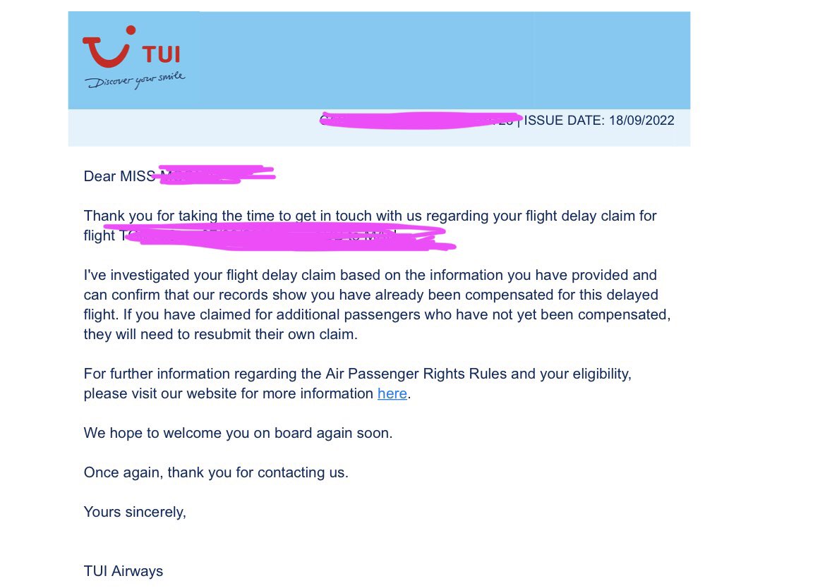 cat_acptrainee's tweet photo. @TUIUK Here’s evidence. Attempt to claim compensation your reply saying you can’t find my children on the flight re-submit and you state I have already claimed for myself with no option to only put my 3 on the claim as they’re under 16 and I was lead passenger https://t.co/OiCJ1e24Ie