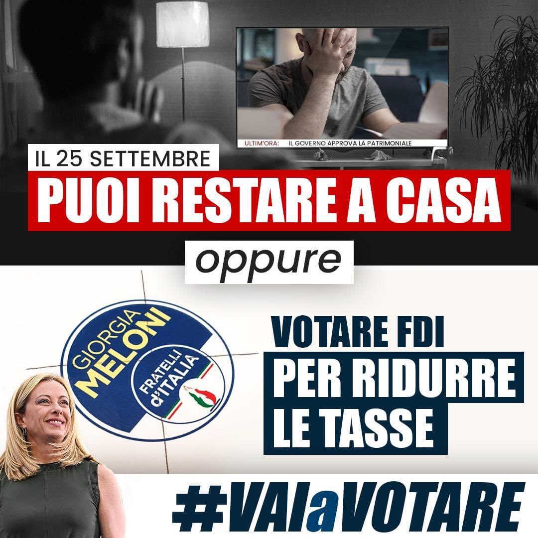 FratellidItalia's tweet photo. 🔵 Se vuoi ridurre le tasse il #25settembre devi uscire di casa, andare a votare e scegliere Fratelli d’Italia 🇮🇹

#VAIaVOTARE
#VotaFDI #Mel https://t.co/nGCjKp6dVf