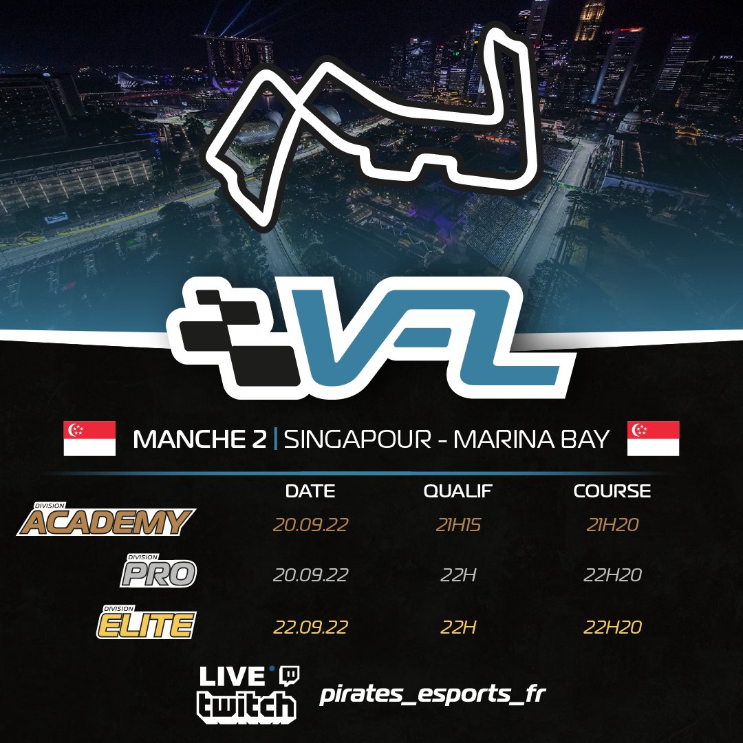 VFL_LMB's tweet photo. 🏁RACE WEEK🏁

La #VFL continue sa Saison 5⃣ à Singapour 🇸🇬 sur le circuit urbain de Marina Bay. 
🌙La nuit, les lumières... les murs....
⬇️⬇️⬇️RDV dès mardi soir pour le spectacle 🔥

ACADEMY : 20.09 | 21H15
PRO : 20.09 | 22H
ELITE : 22.09 | 22H
📺 https://t.co/47e0V4CkSK https://t.co/JQi5Hgh5mt