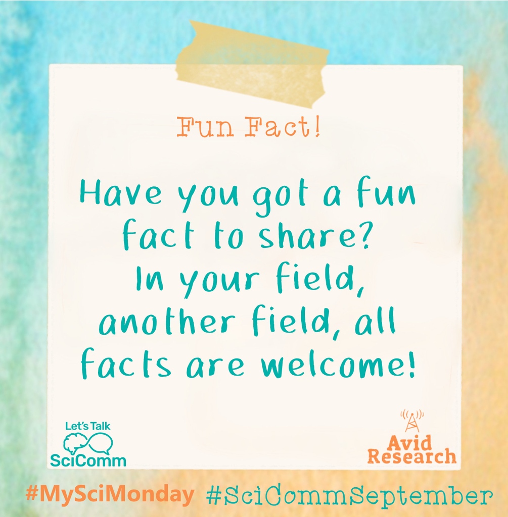 LetsTalkSciComm's tweet photo. Happy #MySciMonday and #SciCommSeptember from us and @avid_podcast ๐ฅณ
Today we're super keen to hear a fun fact - hit us up with something about STEM you love telling people about. https://t.co/5xsNed05KE