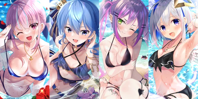 ガチ恋ホロサマーシリーズStartendにかなたんと個人的に歌声が大好きな4人を描きました!今回のテーマは距離感でした#あくあーと #ほしまちぎゃらりー#TOWART#かなたーと 