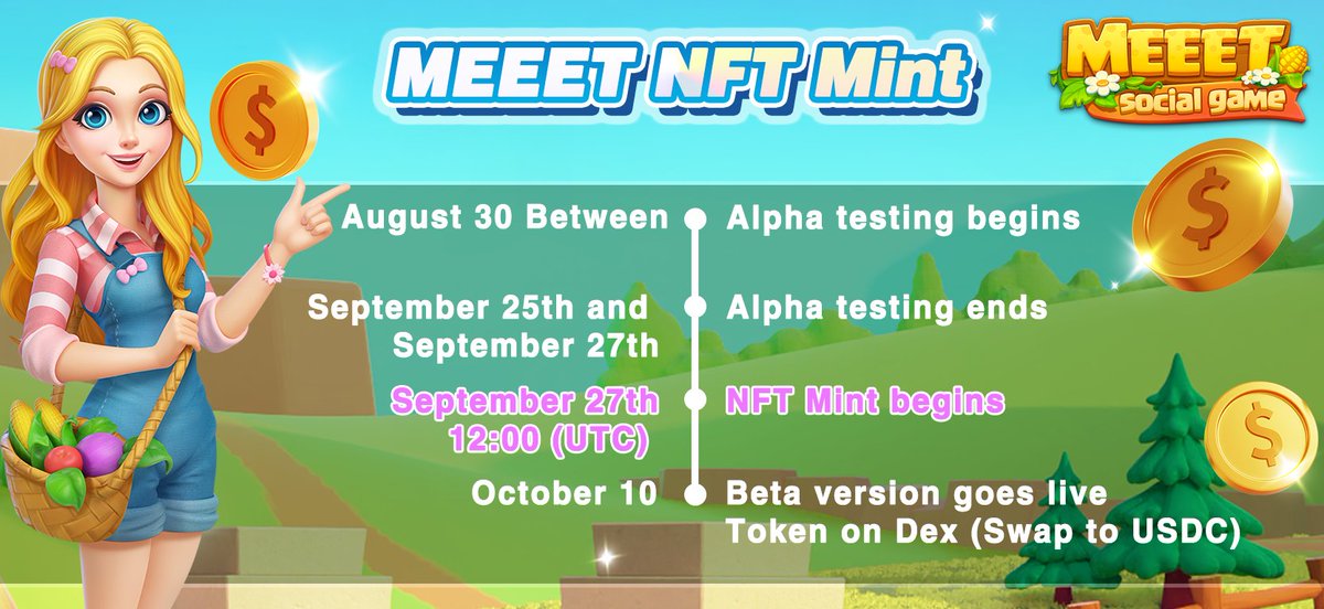 PlayPalOfficial's tweet photo. MEEET is a blockchain social simulation game!

-Alpha version testing is going on

-September 27th 12:00 start Mint(UTC)

-Beta testing starts on October 10

-Alpha download link: https://t.co/GLdFCsQLRn
Or APPStore search "Meeet" to download

Discord: https://t.co/2WofCLslRx https://t.co/IXffSHeuo7