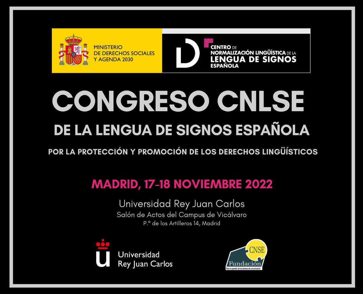 CNLSE's tweet photo. Disponible el programa del #CongresoCNLSE de la Lengua de Signos Española, que se celebrará en modalidad híbrida los días 17 y 18 de noviembre de 2022 con la colaboración de la @urjc y la @FundacionCNSE.

https://t.co/NLgIN3d6BN

Próximamente se abrirá el período de inscripción. https://t.co/uAdQ4f3y0O